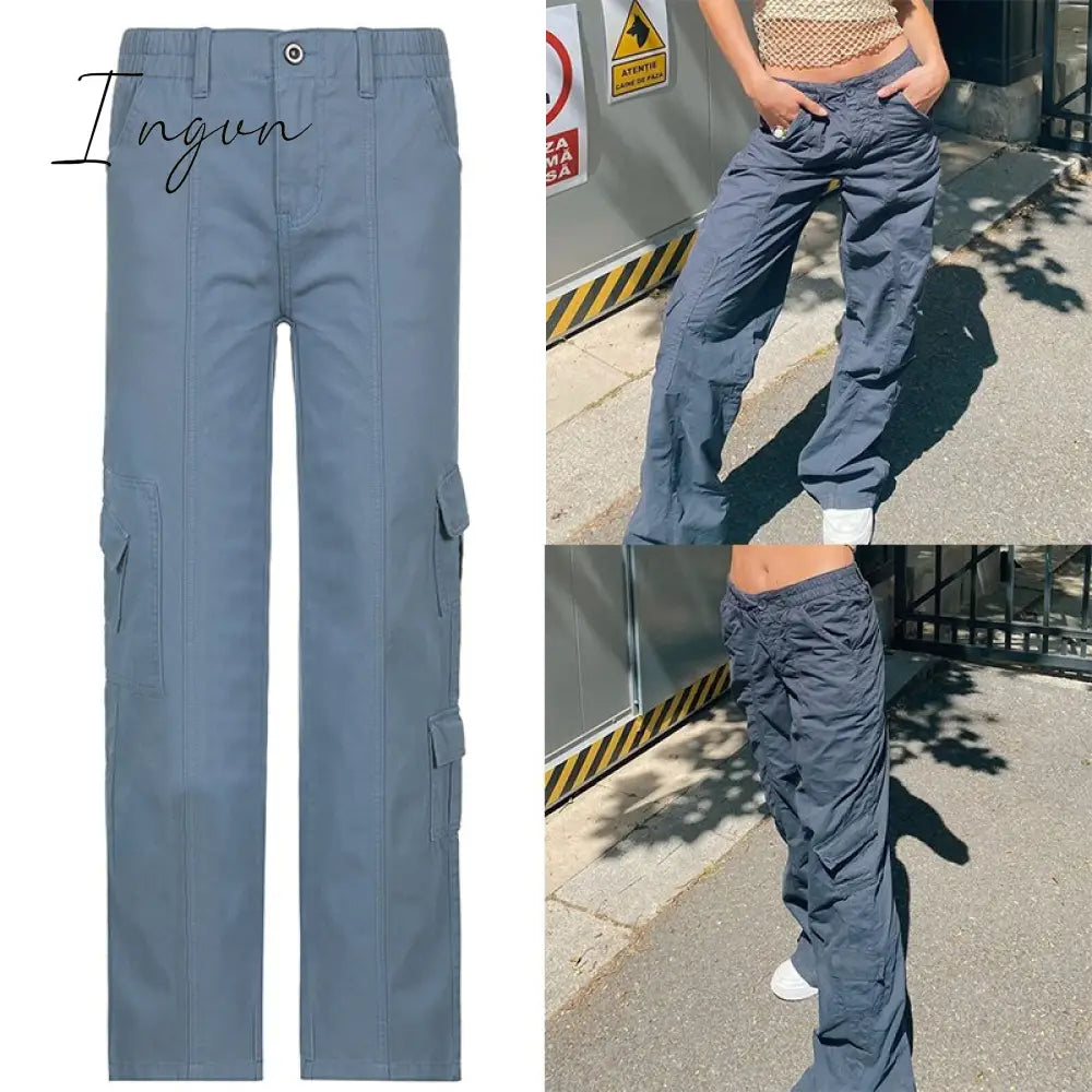 Ingvn - Women Spring Fashion Multi Pockets White Cargo Pants Women Adjustable Low Waist Baggy Wide Leg Jeans Oversized Casual Trousers Retro Bottoms Iamhotty