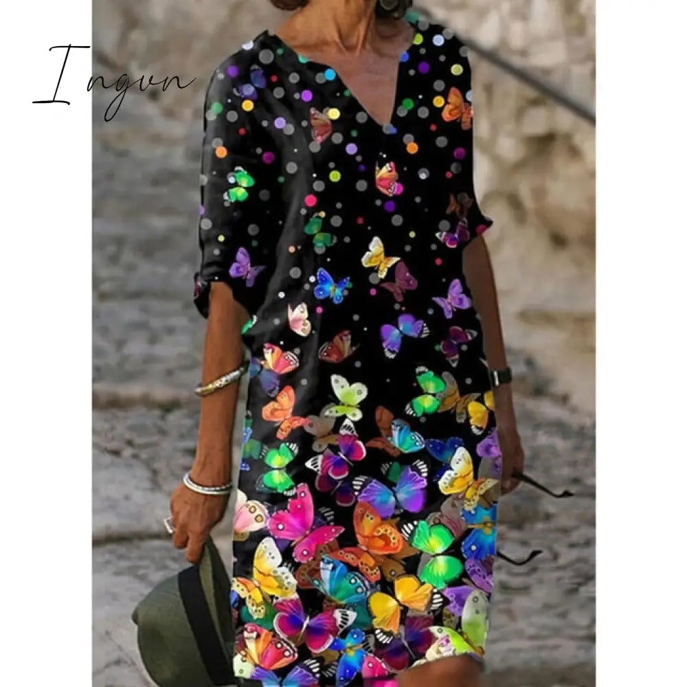 Ingvn - Half Sleeved V Neck Printed Loose Dress Women's Fashion Casual Vintage Spring Autumn All-match Plus Size Beach Dresses Vestidos