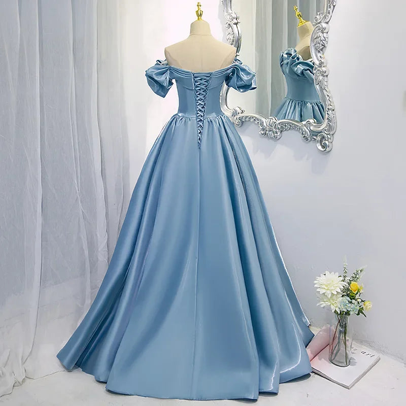 New High-End Feel Off-Shoulder Blue Satin French Style Evening Dress For Women's Formal Performance Costume
