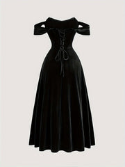 Elegant Off-Shoulder Knit Dress, 95% Polyester 5% Spandex, Solid Color Long Length Fit and Flare Gown with Tie Back Details for All Seasons