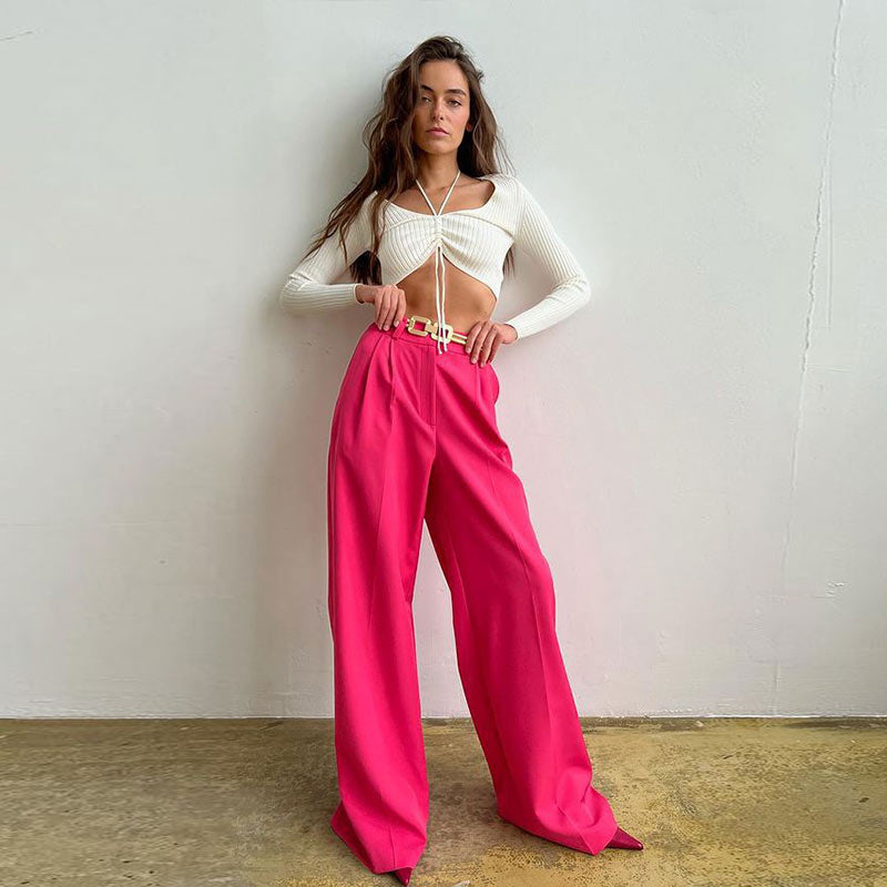 Voguable  Women High Waist Pants Casual Loose Office Lady Trousers Spring Summer New Fashion Solid Wide Leg Floor-Length Pants Female