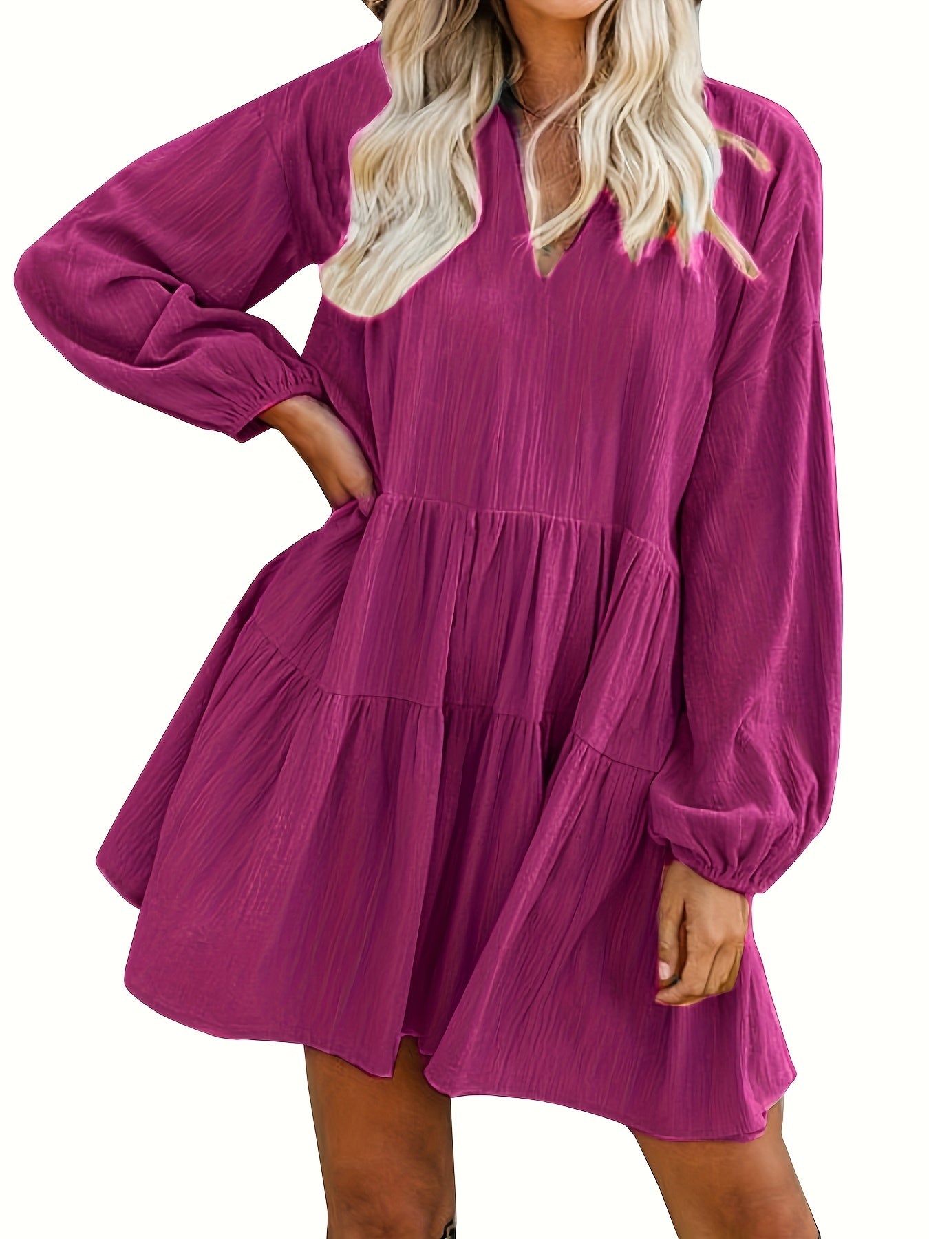 Long Sleeve Solid Color V Neck Loose Babydoll Dress, Casual Ruffle Hem For Spring & Fall, Women's Clothing