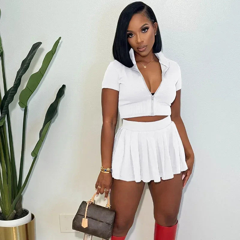 Knitted Pleated A-line Skirt Sets Womens 2 Piece Outfit Zipper Turn-down Collar Crop Top and Mini Skirts New in Matching Sets