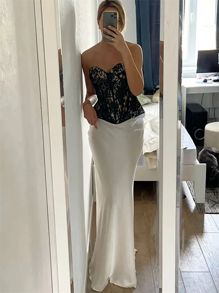 Summer Satin High Waist Long Skirt Female Slim Patchwork Fashion Elegant Streetwear Casual Solid Maxi Skirt Clothes