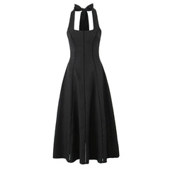 Vintage Elegant Black White Halter Midi Long Dresses Women A-line Slim Sexy Backless Dress Female Summer Party Robe