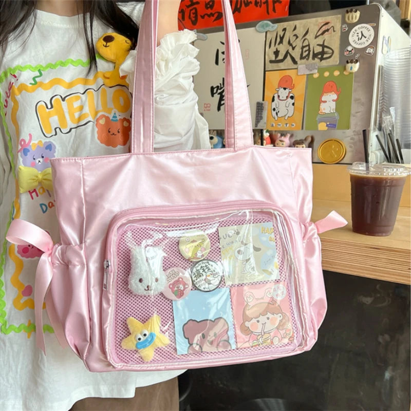 Ingvn  Sweet Ribbon Satin Bow Tote Bag Ballet Style Original Comic Handbag Beautiful Double Large Capacity Student Shoulder Bag