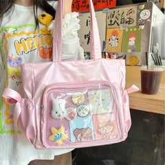 Ingvn  Sweet Ribbon Satin Bow Tote Bag Ballet Style Original Comic Handbag Beautiful Double Large Capacity Student Shoulder Bag