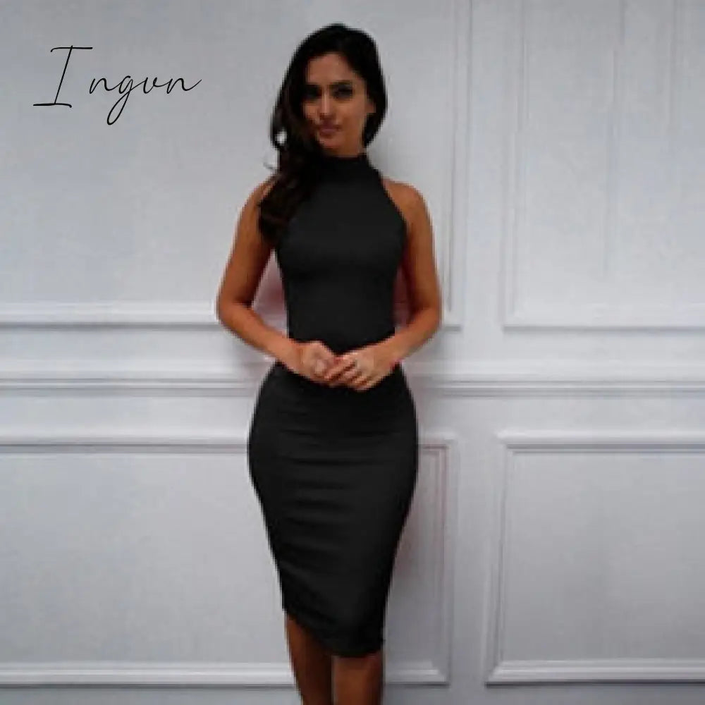 Ingvn - Spring Summer Fashion Turtleneck Sleeveless Elegant Pencil Dress Women Sexy Club Party Bodycon Bandage Slim Dress Vestido