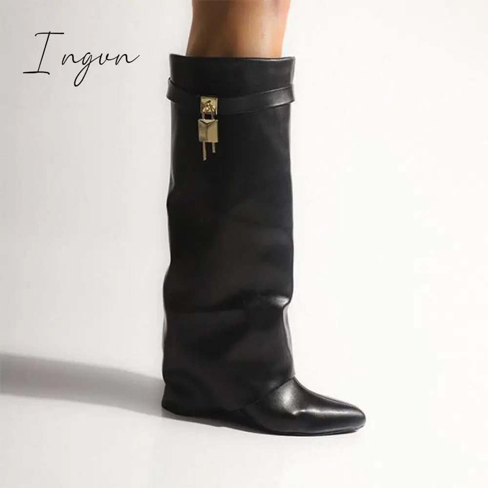 Ingvn - Comfy Leather Hidden Wedge Heel Roman Boots