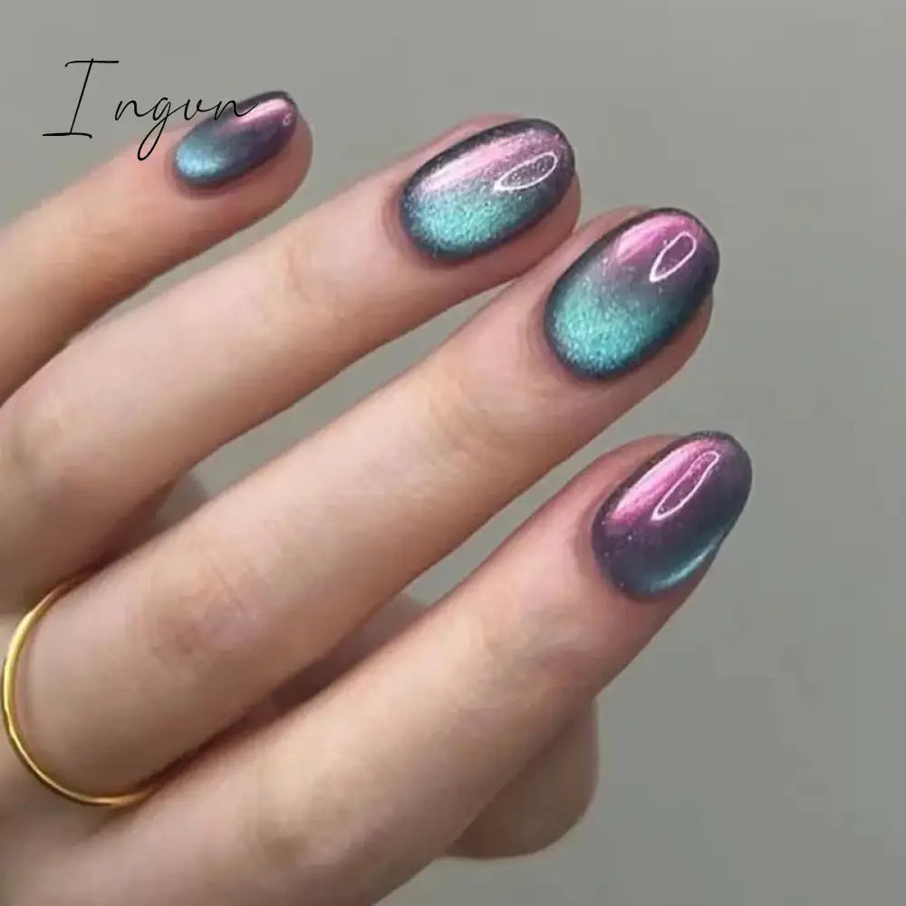 24pcs detachable cat eyes red wine false nails with glue full cover ballet square almond shiny acrylic press on fake nails tips
