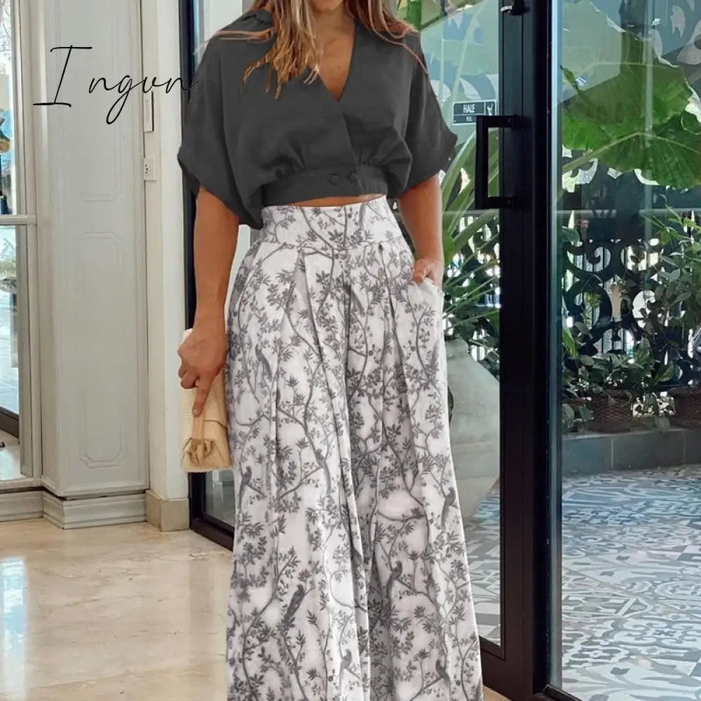 Ingvn - 2023 Fashion Summer Autumn Two Piece Sets Womens Fashion Sexy Mid Sleeve Shirt Elgant Floral Print Wide Leg Pant Suit Casual 2pcs Set Women