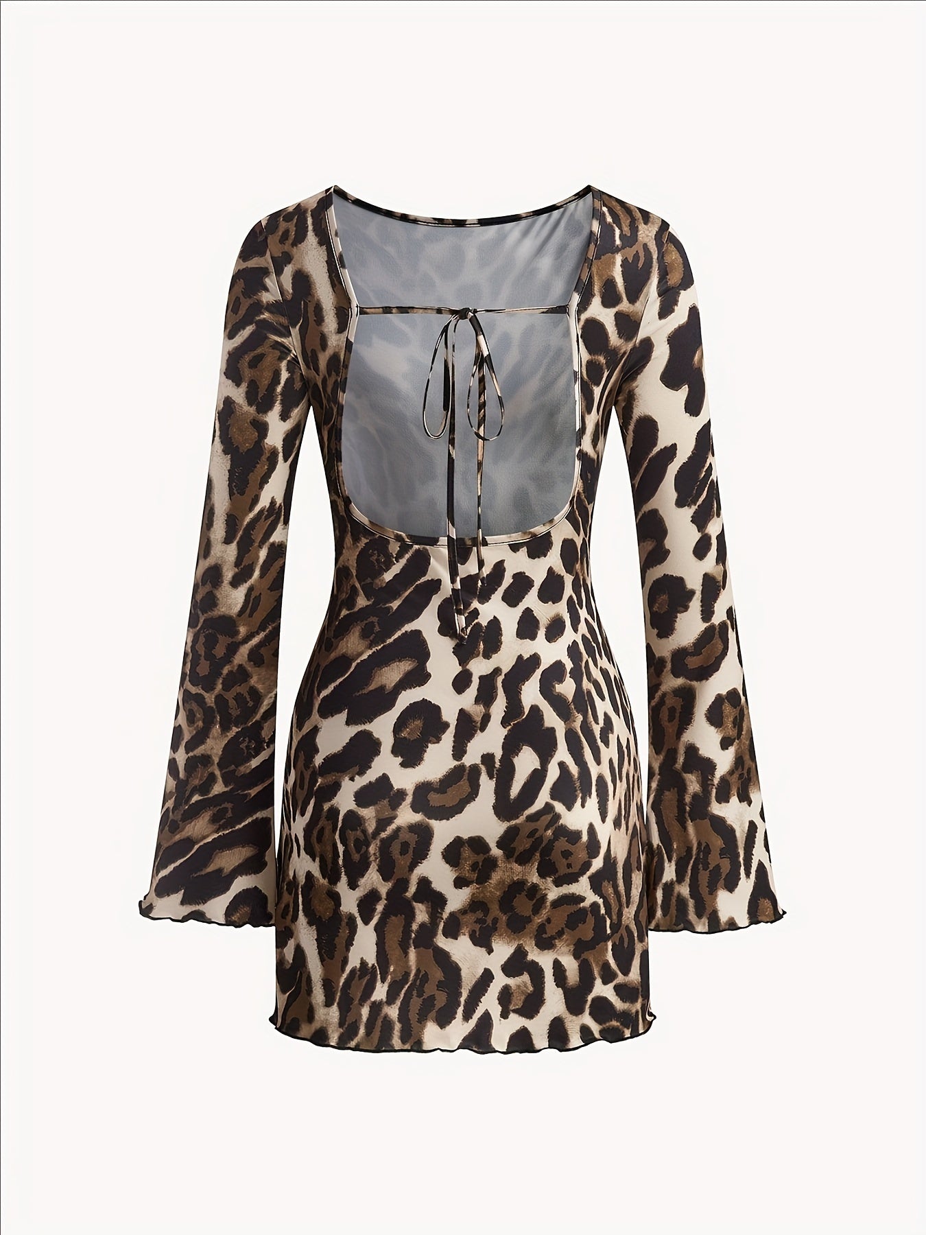 1pc Leopard Print Backless Tie-Back Dress, Polyester Knit Fabric, Crew Neck, Fitted Long Sleeve for All Seasons, Adult Women