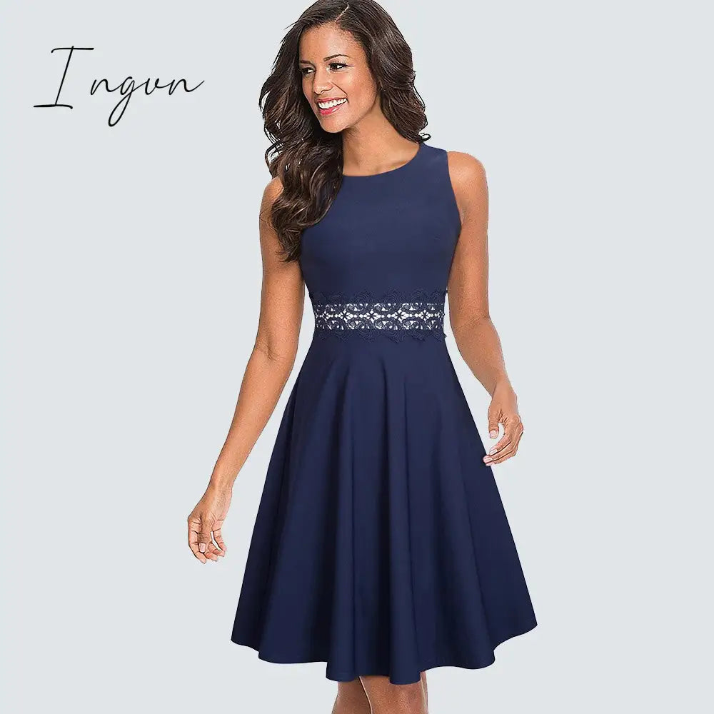Ingvn - Women Vintage Casual Round Neck A line Summer Elegant Floral Lace Patchwork Sleeveless Tunic Party Swing Dress HA079