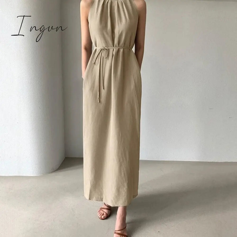 Ingvn - Sexy Sleeveless Summer Dress Sexy Ruffle Maxi Long Dress With Belt Women Bohemian Sundress Party Vestido Autumn Robe