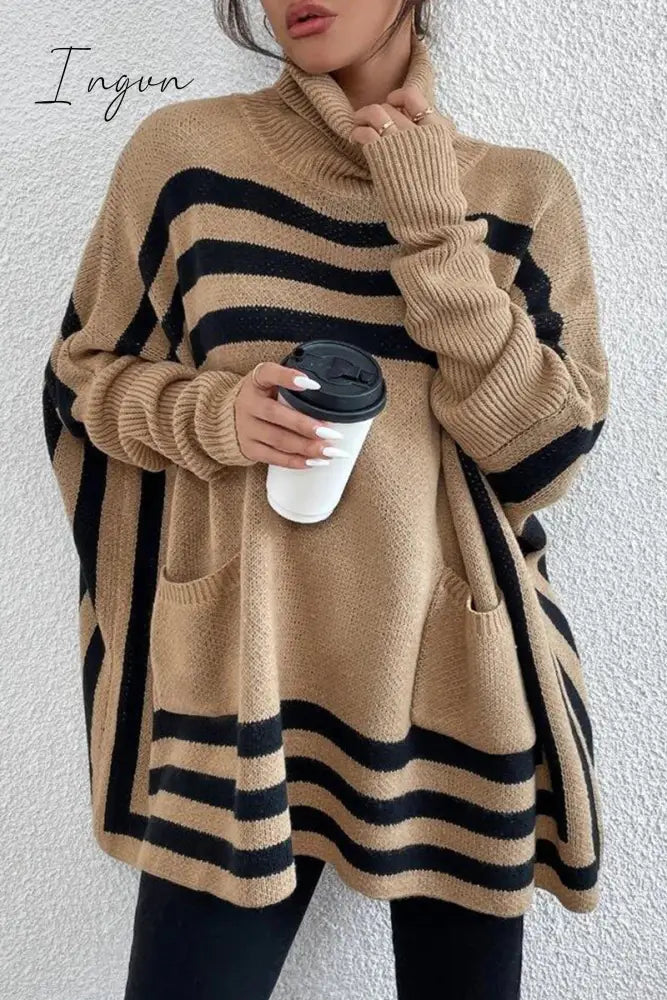 Ingvn - Street Striped Patchwork Pocket Turtleneck Tops