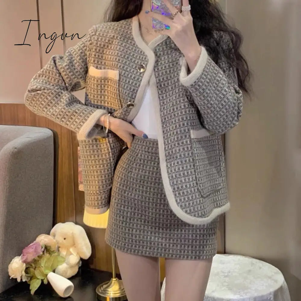 Ingvn - Autumn Winter Korean Fashion Casual Plaid Tweed 2 Piece Set Women Jacket Coat + Mini Skirt Suits Female Vintage Two Piece Sets