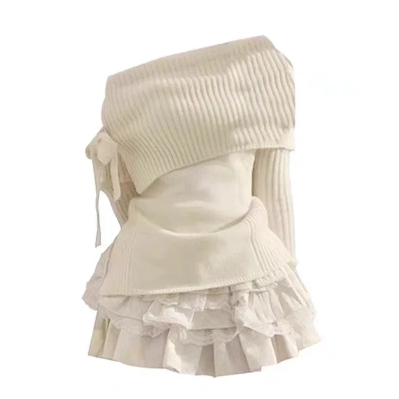 Voguable Autumn Winter Woman Kawaii Sweet 2 Piece Set Off Shoulder Bow Knitted Tops + Mini Cake Skirt Female Korean Fashion Casual Suits