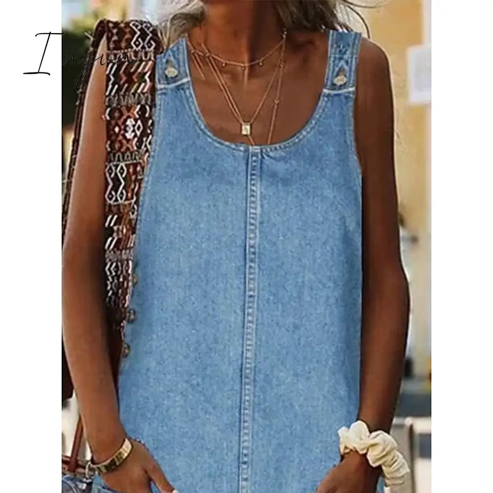 Ingvn - Women's Casual Dress Shift Dress Denim Overall Pinafore Dress Mini Dress Denim Fashion Modern Outdoor Daily Vacation U Neck Pocket Sleeveless Summer Spring 2023 Regular Fit Black Blue Gray Plain S M