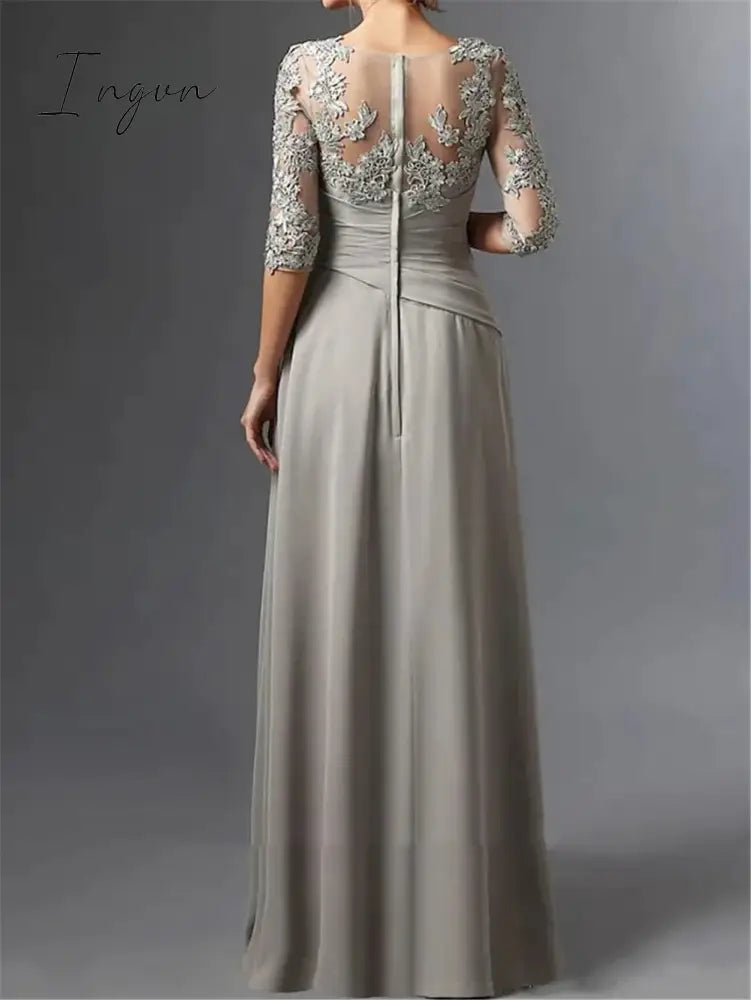 Ingvn - Sheath Mother of the Bride Dress Elegant Square Neck Floor Length Chiffon Lace Half Sleeve with Ruching Wedding Guest Dresses