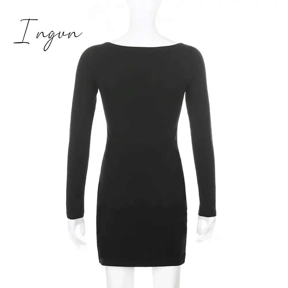 Ingvn - Women Winter Dress Women New Arrivals Sexy Long Sleeve Lace Split Black White Solid Party Dresses Vestidos