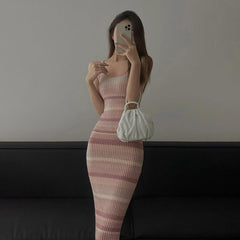 Hip Striped Knitted Camisole Dress Summer Women's New Mid-length Dress French Style