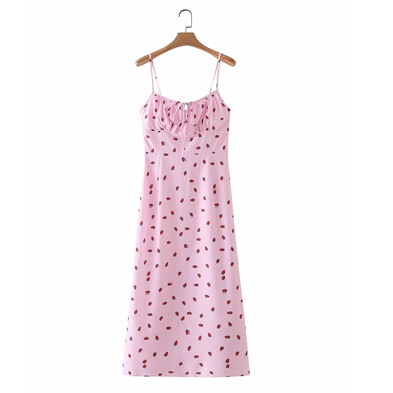 Voguable  Strawberry Print White Chiffon Long Dress Women Spaghetti Strap Vintage Boho Summer Beach Maxi Dress Sleeveless Sundress