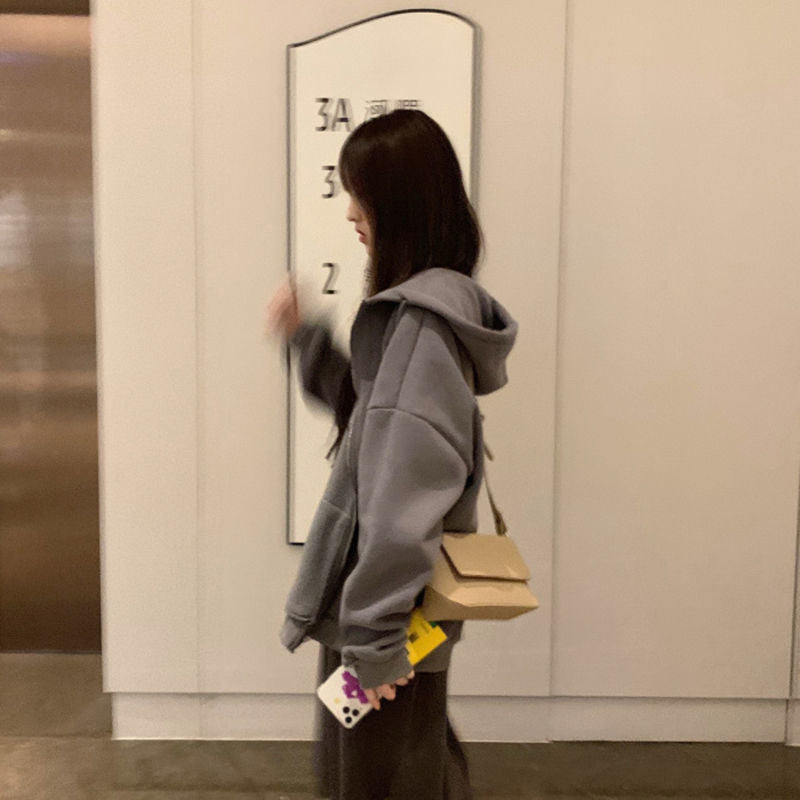 VOGUABLE  Women Hoodies Harajuku Korean Version Zip Up Loose Oversized Sweatshirts Casual Solid Color Long Sleeve Hooded Sweatshirt Coats