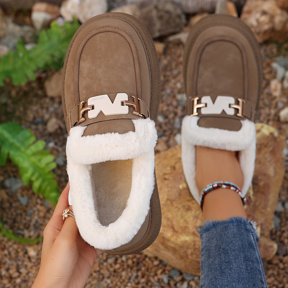 Cozy & Stylish Women's Winter Snow Boots - Plush Lined, Slip-On Loafers with Metal Buckle Detail, Warm Outdoor Footwear
