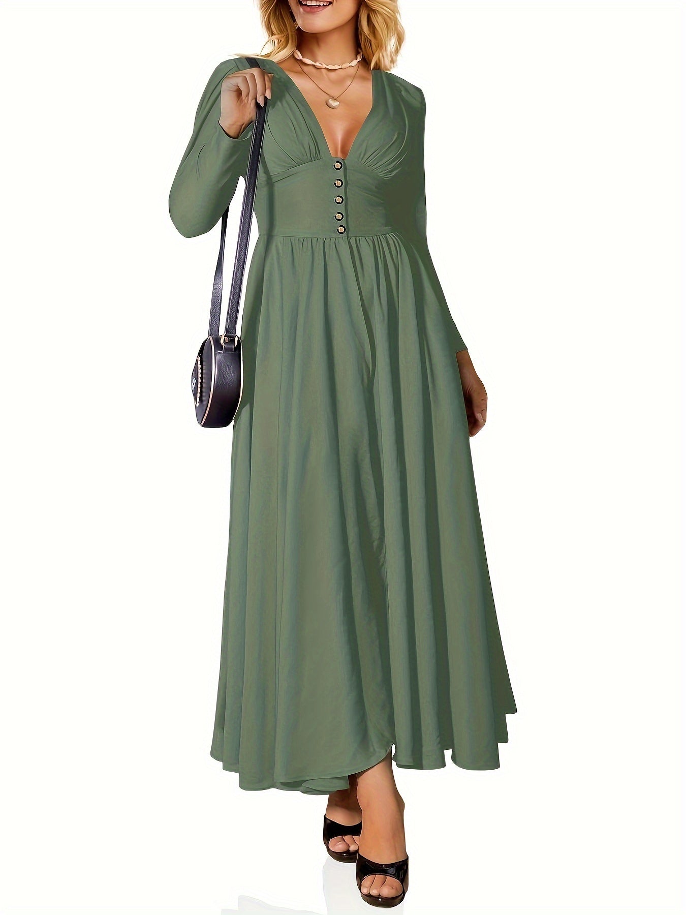 Deep V Neck Button Waist Dress, Elegant Long Sleeve Maxi Dress For Cocktail & Wedding Party, Women's Clothing