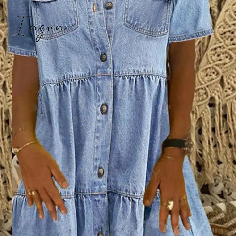 Ingvn - Plus Size 3xl Women Summer Denim Dress Retro Women Short Sleeve Turn Down Collar Pockets Button Long Loose Denim Dress