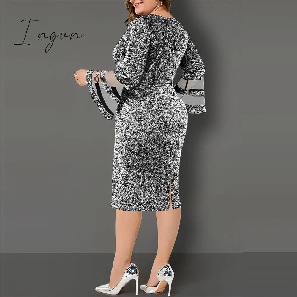 Ingvn - Plus Size Women Dresses Autumn Elegant Bright Silk Wedding Evening Birthday Party Dress V Neck Mesh Sleeve Club Outfits 8XL