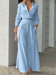 Two-piece Set, Long Sleeve Casual Matching Women's Clothing, Wide Leg Pants Outfits Blouse