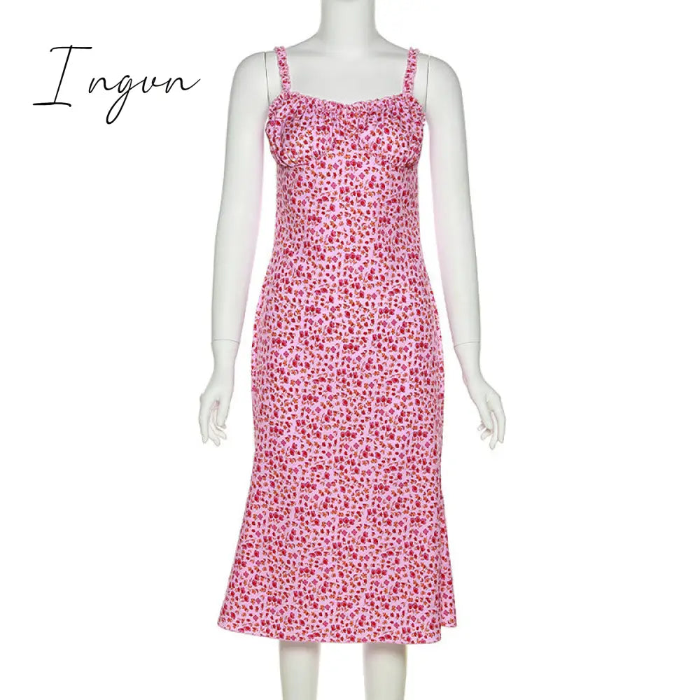 Ingvn - New Fashion Summer Casual Beach Pink Floral Print Dress Bodycon Long Strap Ruched Women Sexy Club Party Dress