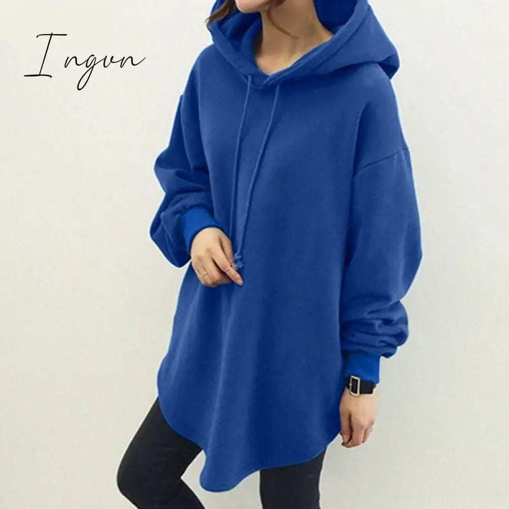 Ingvn - Women's Hoodies Long Sleeve Sweatshirts Autumn Casual Solid Loose Long Drawstring Pullovers Oversized Streetwear