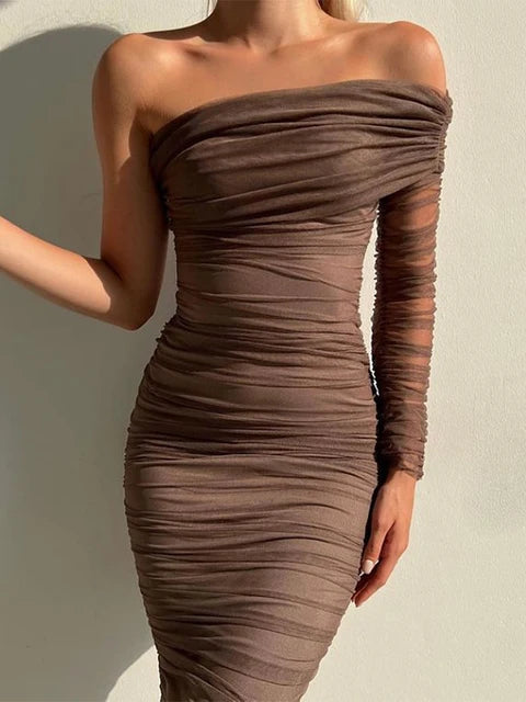 See Through Mesh Midi Dresses For Women Fold Sexy Slim Cocktail Dress Woman Wedding Bodycon Off Shoulder Dress Women's