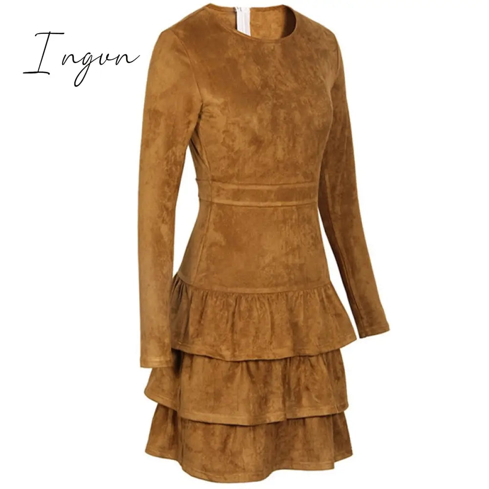 Ingvn - BornToGirl Woman Vintage Dress Spring Autumn Winter Women's Long Sleeve Black Brown Sky Blue Suede Dress robe femme