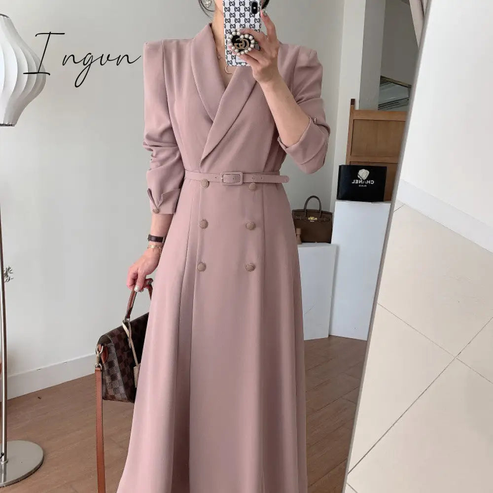 Ingvn - New French Spring Elegant Double Breasted Belted Sashes Women Suit Dress Autumn Office Long Sleeve Slim Waist Female Dress