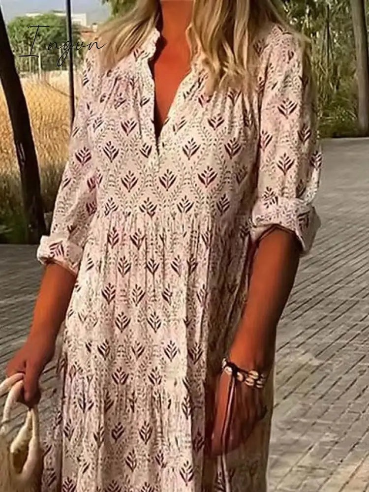 Ingvn - Women's Long Dress Maxi Dress Casual Dress Summer Dress Print Dress Geometric Fashion Streetwear Outdoor Date Vacation Print 3/4 Length Sleeve V Neck Dress Regular Fit Pink Blue Green Summer Spring S