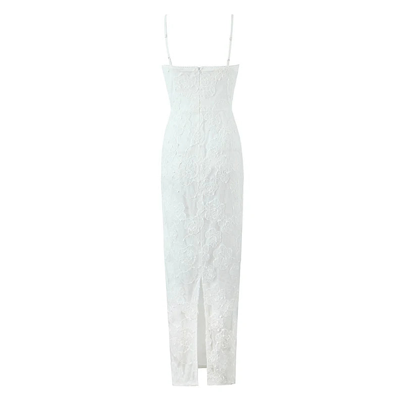 Sexy Elegant Women Floral Embroidery Lace Sling Long Dress Romantic Female Package Hips Evening Party Maxi Robe Summer
