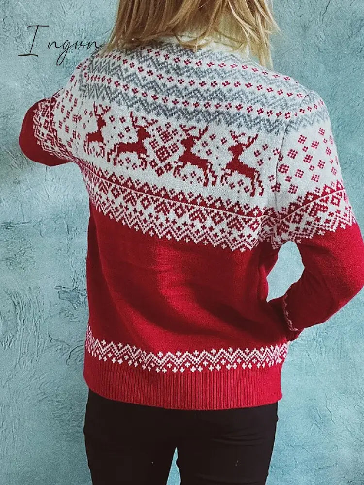 Ingvn - Women's Ugly Christmas Sweater Pullover Sweater Jumper Jumper Ribbed Knit Patchwork Geometric Turtleneck Stylish Casual Christmas Daily Fall Winter Red S M L