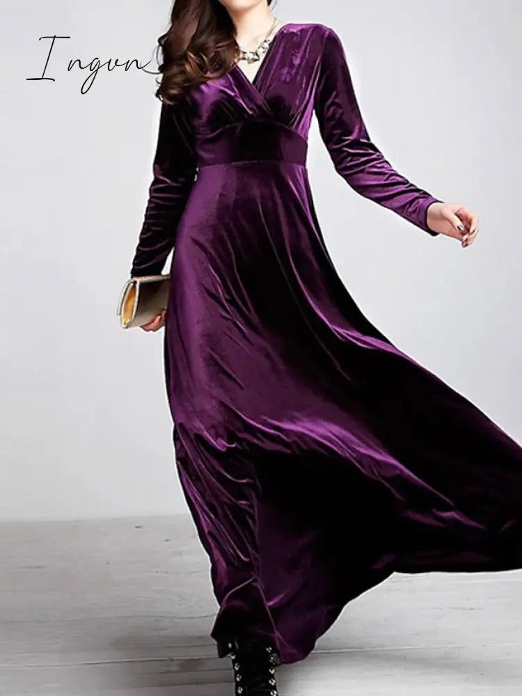 Ingvn - Women‘s Party Dress Wedding Guest Dress Velvet Dress Long Dress Maxi Dress Black Wine Royal Blue Long Sleeve Pure Color Ruched Fall Spring V Neck Fashion Party Winter Dress Evening Party 2023 S M L XL