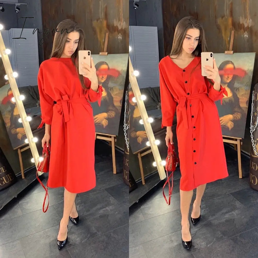 Ingvn - Sexy v Neck Autumn Long Sleeve Women Dress Ladies Sashes Button Casual Office Dress New Fashion Women Midi Dress Vintag