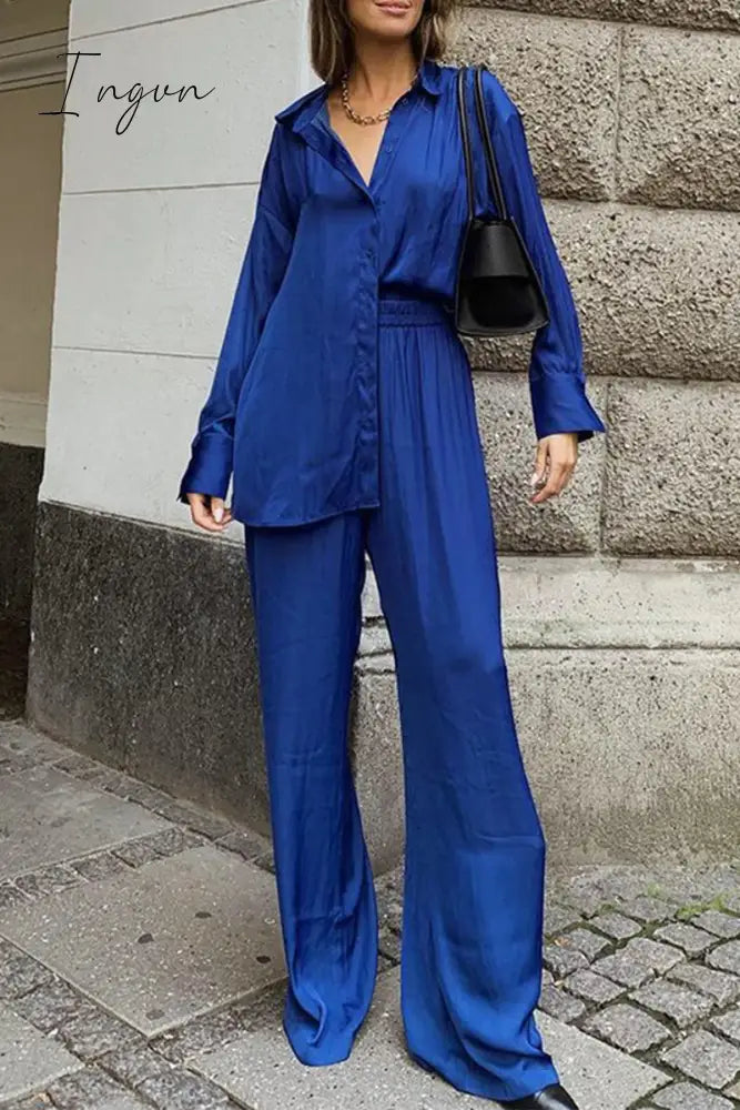 Ingvn - Casual Simplicity Solid Buttons Turndown Collar Long Sleeve Two Pieces