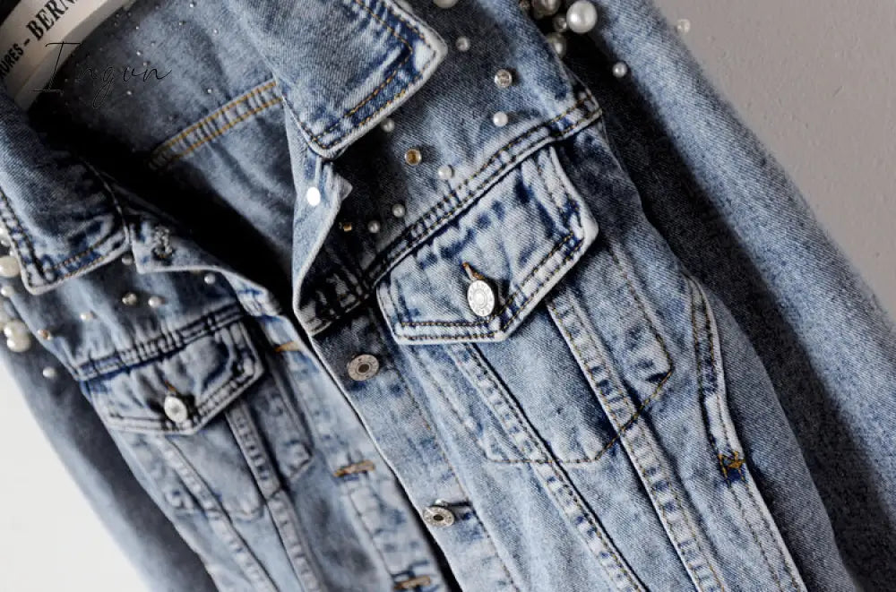Ingvn - Denim Jacket Women New Autumn Women's Jean Jackets  Pearl  Casual Denim Jacket Women Coat Long Sleeve Outerwear