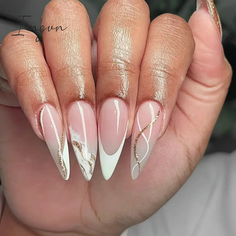 24Pcs 3D Long Almond False Nails Red Nude Ballet Stiletto Wearable Fake Nails MilkTea Color Jelly Full Cover Press On Nail Tips