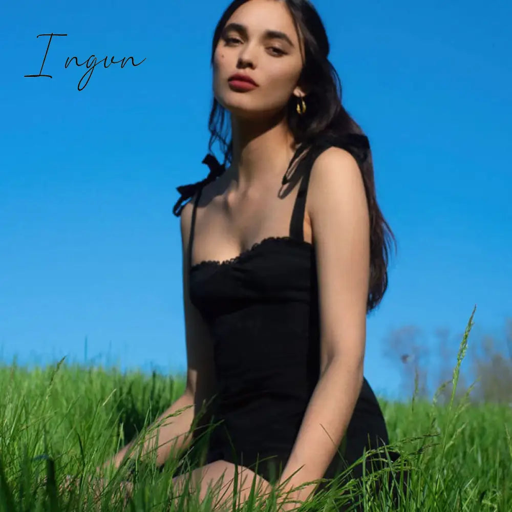 Ingvn - Sweetown Dark Academia Gothic Dresses Women Chiffon Ruffles Black E Girl Clothes Sleeveless V Neck Lace Up Mini Dress Summer