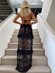 Ingvn  Woman Clothing Sexy High Waist Long Skirts Fashion See-through Ruffles Skirt White Black Evening Party Dresses Y2K Streetwear