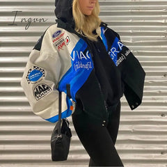 Ingvn - Hot Sell Quality Print Loose Baseball Jackets Women Casual Blue Long Sleeve Sports Coat Spring Autumn Female Streetwear Zipper Bomber Jacket