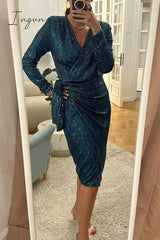 Ingvn - Sexy Solid Bandage Sequins V Neck Wrapped Skirt Dresses
