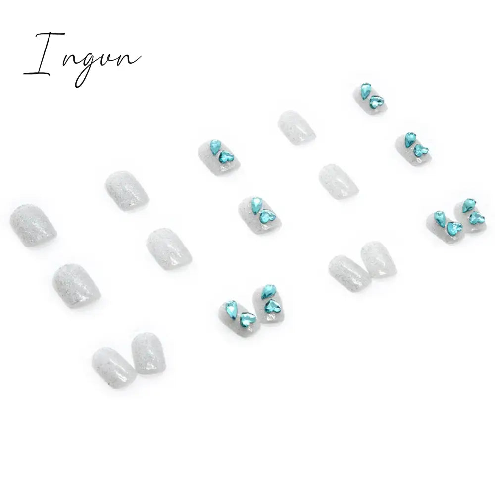 24pcs/Box Gradient Nail Art Patches False Nails Short Square Nail Blue Starry Glitter Teardrop Diamond Fake Nail Tips